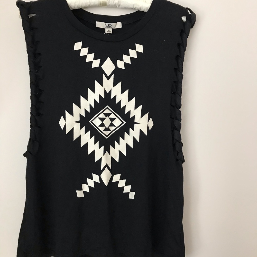 Black tee with braided armholes.